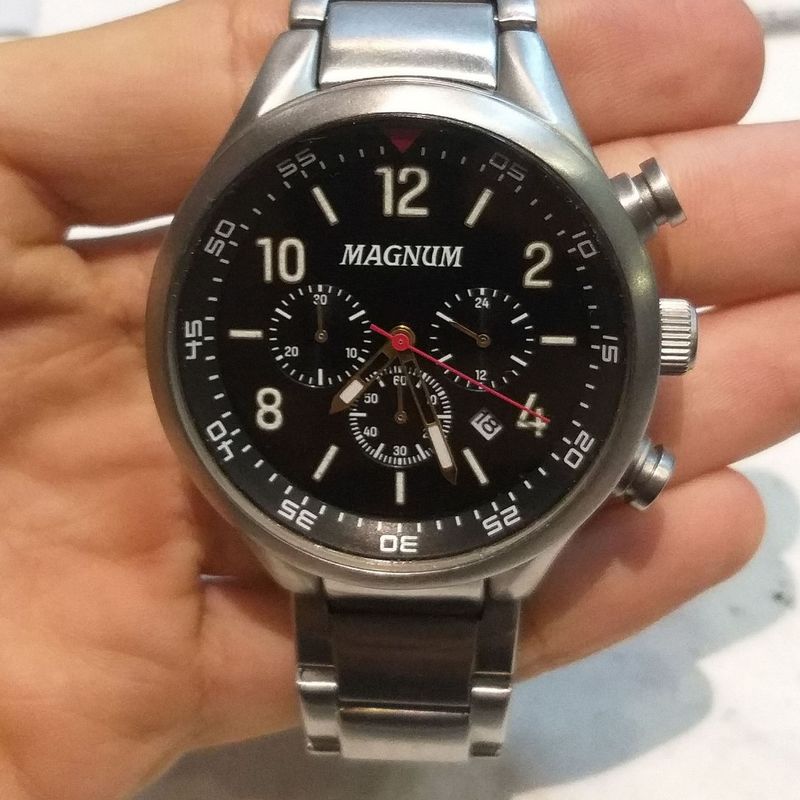 Relogio magnum prata masculino azul cronografo
