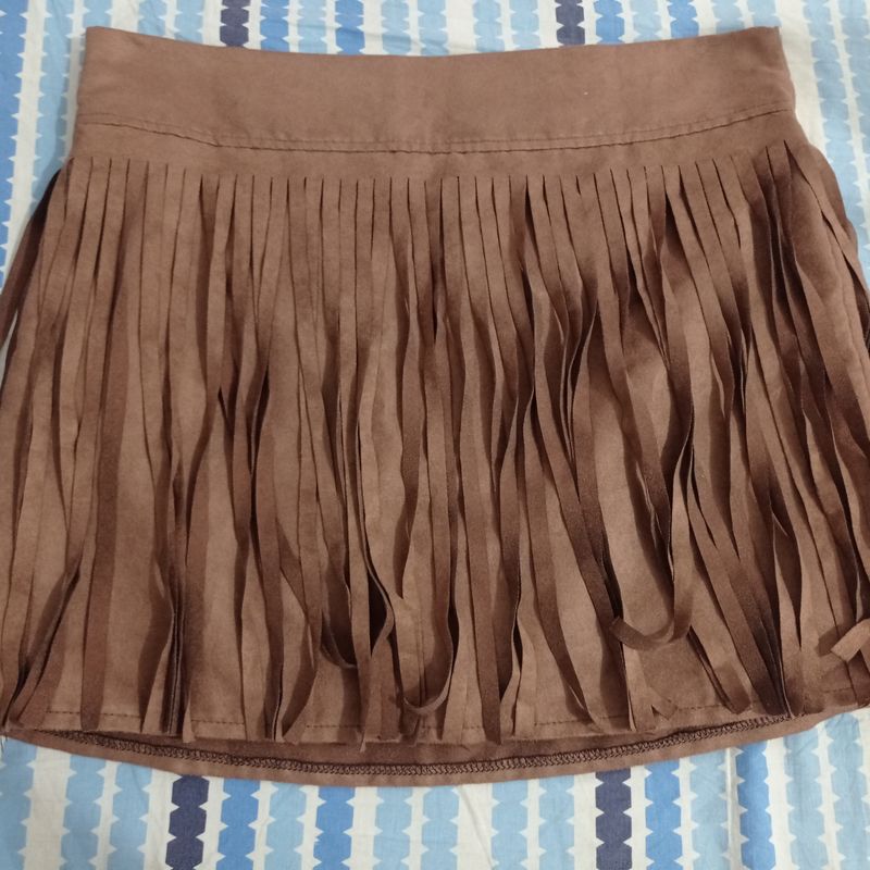 Saia de Suede com Franja, Cor Marrom, Zíper Lateral, Tam G, 42cm