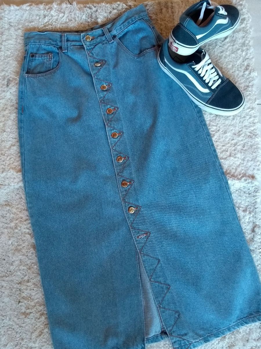 saia jeans com botoes midi