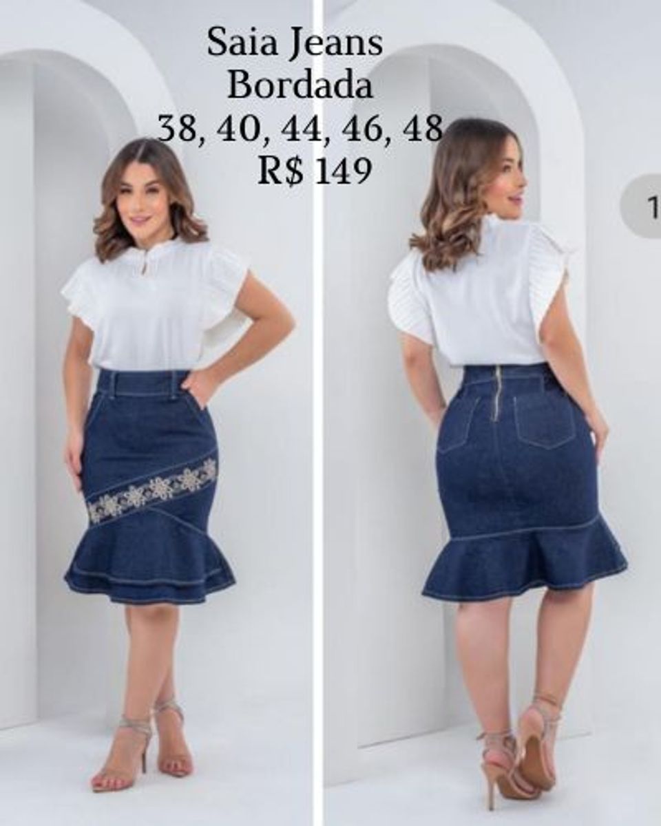 Saia Jeans Midi Jovem Floral Zíper Bolso Nas Laterais com Babado, Saia  Feminina Dracma Nunca Usado 94256071