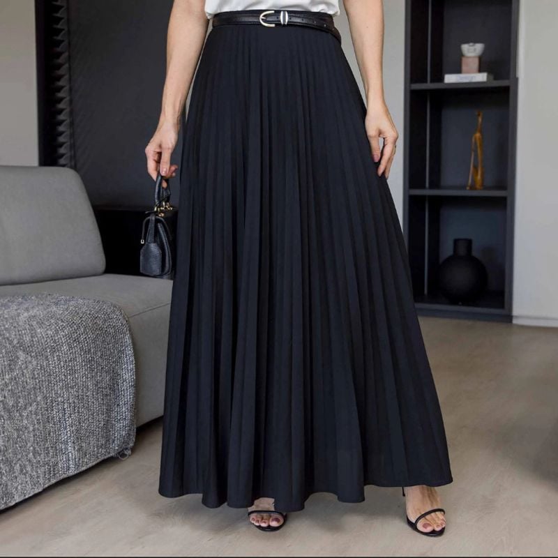 Saia Longa Preta Lisa Plissada Cintura Alta M Mirroa Usado