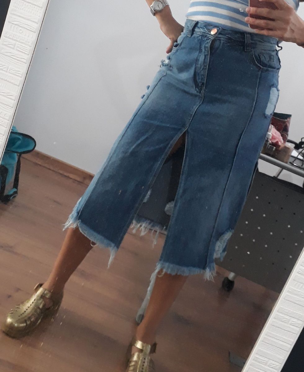 saia jeans rasgada midi