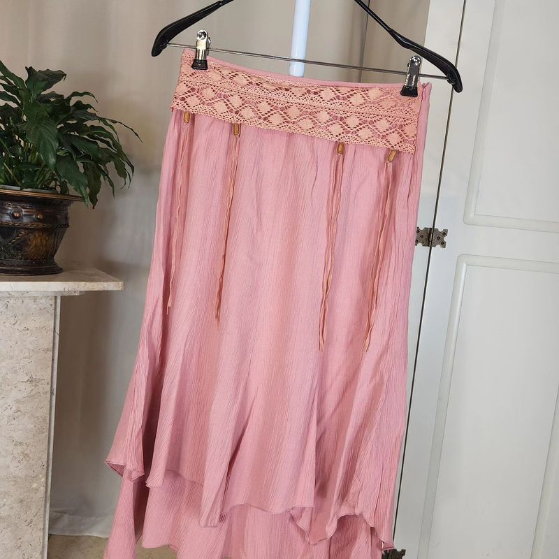 Saia Midi Rosé Plissada Moda Evangélica Feminina Verão Primavera