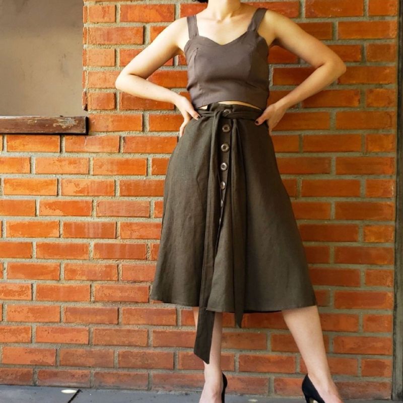Saia midi linho verde militar cheap