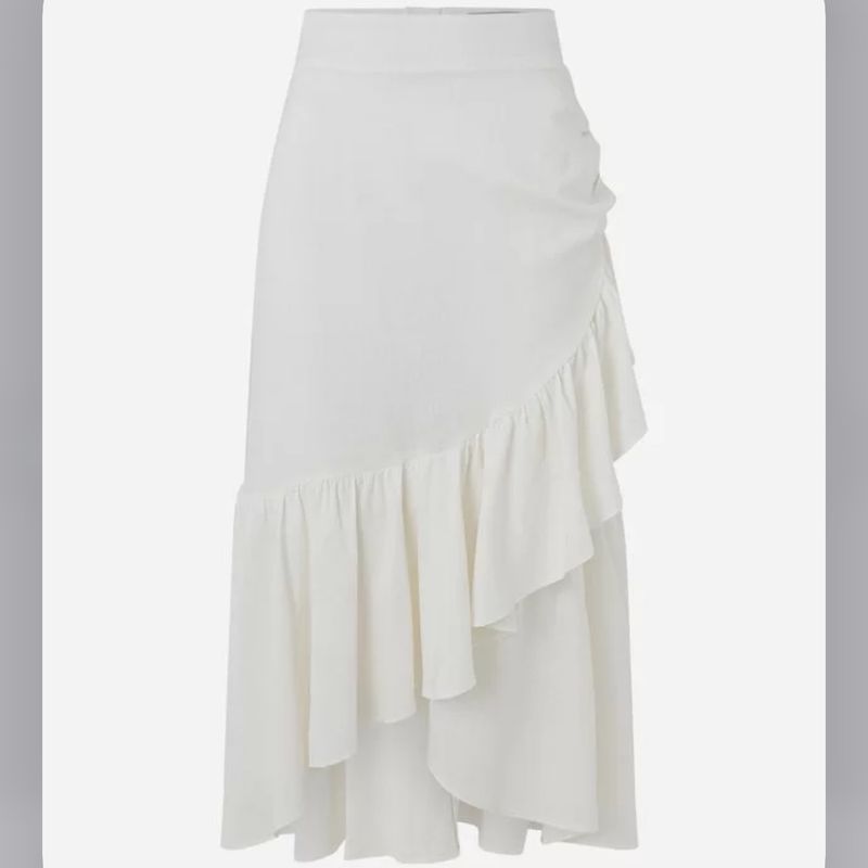 Saia New Midi em Linho Transpassada com Babados Branco Renner