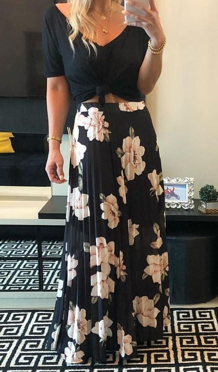 saia longa plissada floral