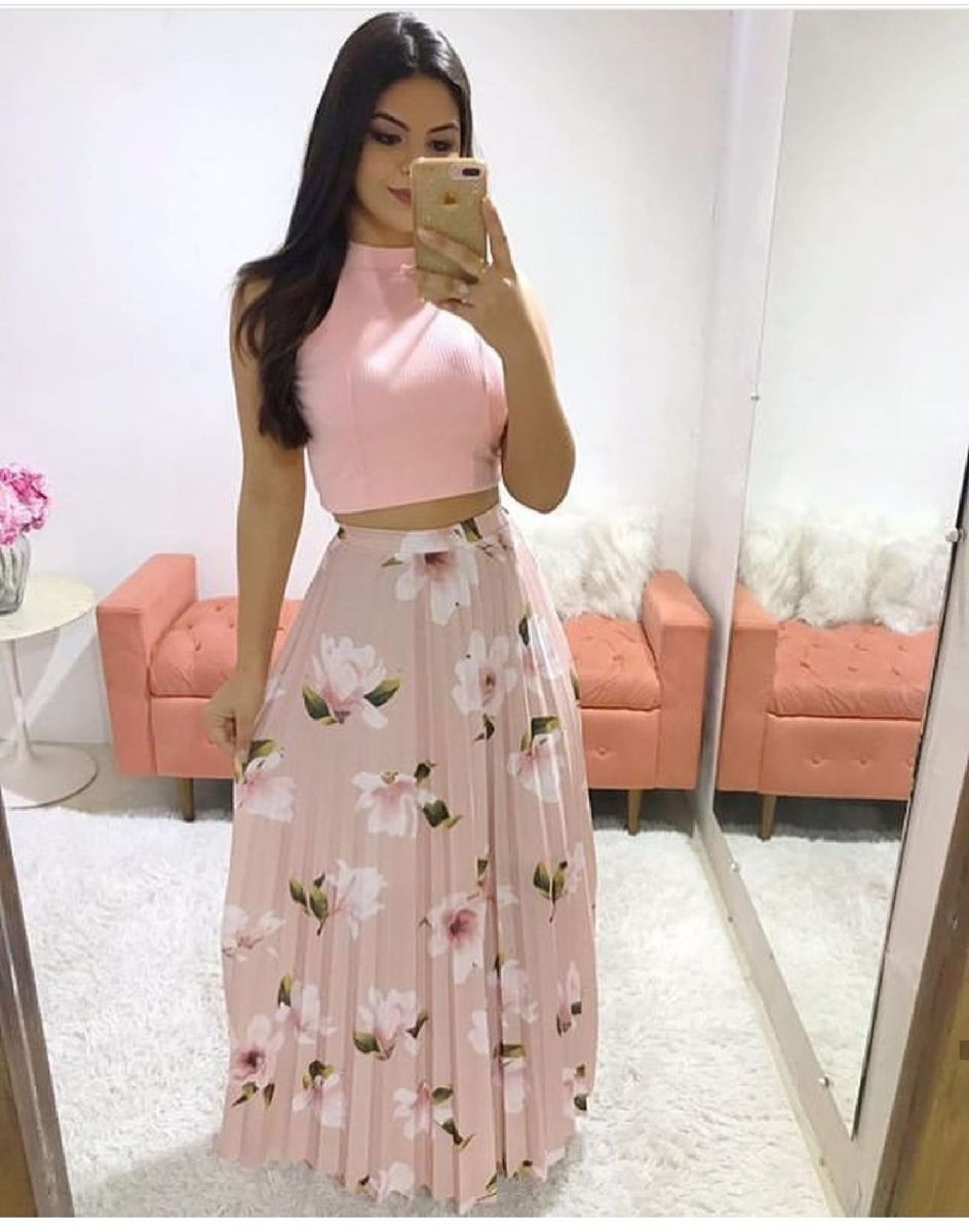 saia plissada floral midi