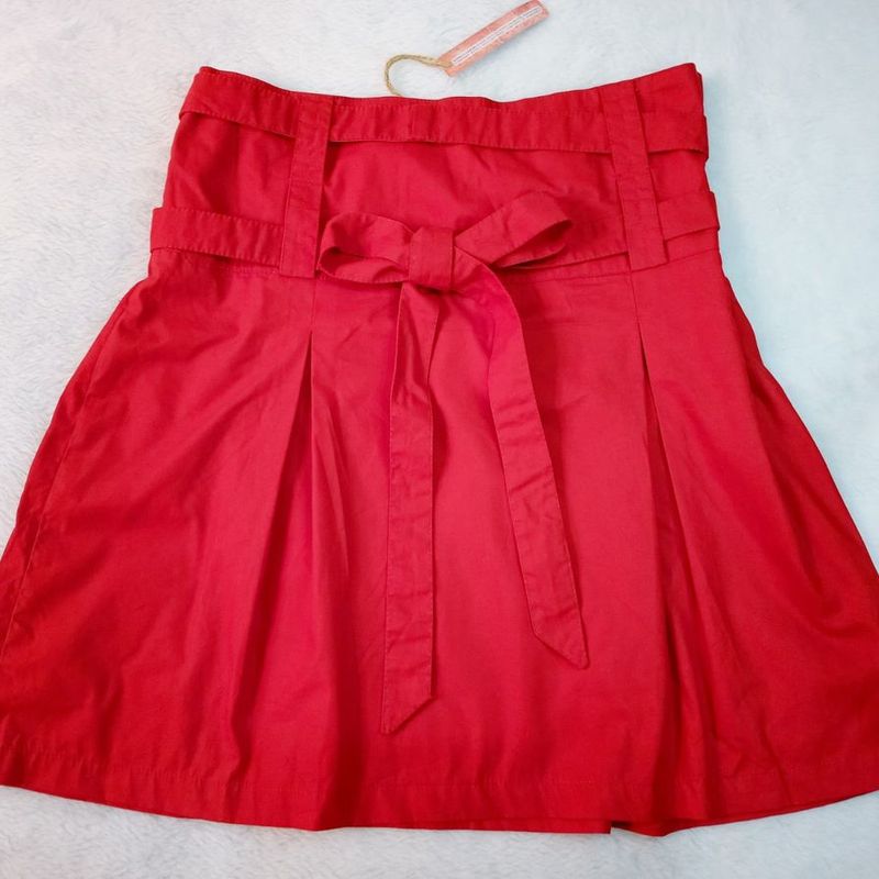 Saia Rodada Laço Nas Costas Zíper Lateral Vermelha Escuro Cinto