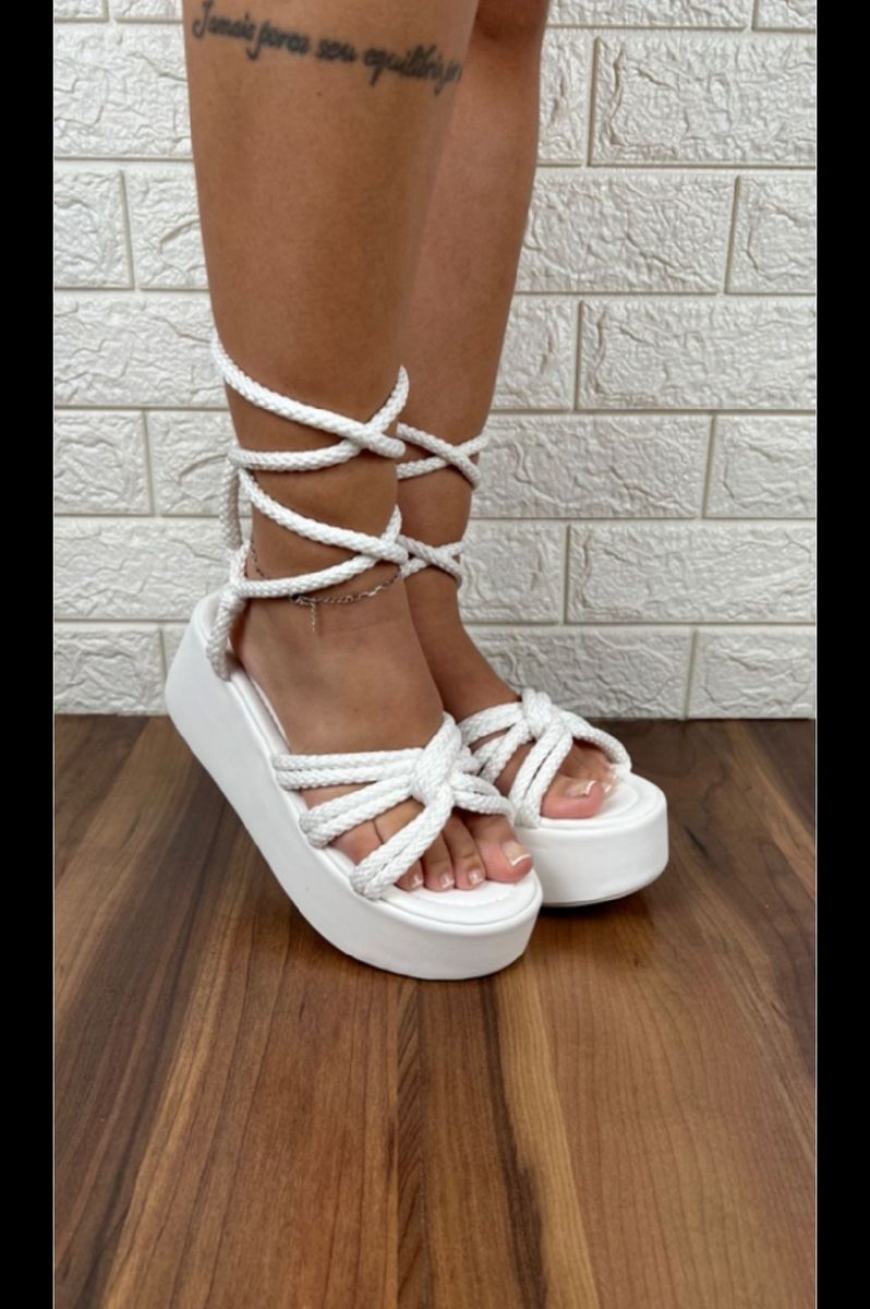 Sandália Amarração, Plataforma, Branca, Nova, Salto 6cm Calça 35
