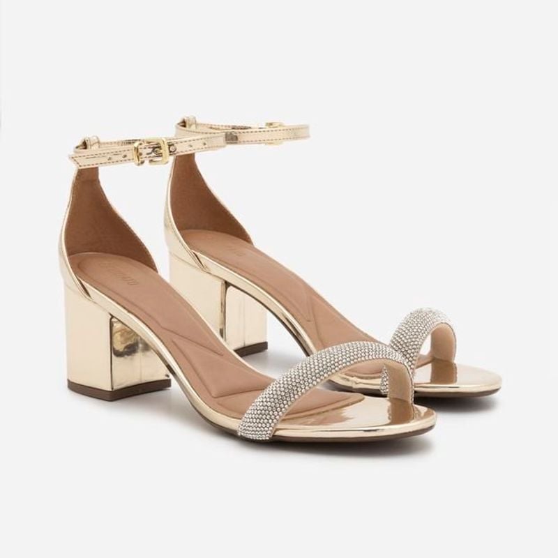 Sandalia Dourada Satinato Salto Bloco Sandália Feminina Dumond