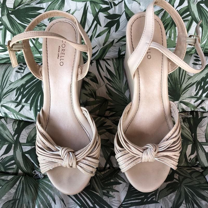 Sandália de Couro Corello, Salto Plataforma Anabela, Nude, Tamanho