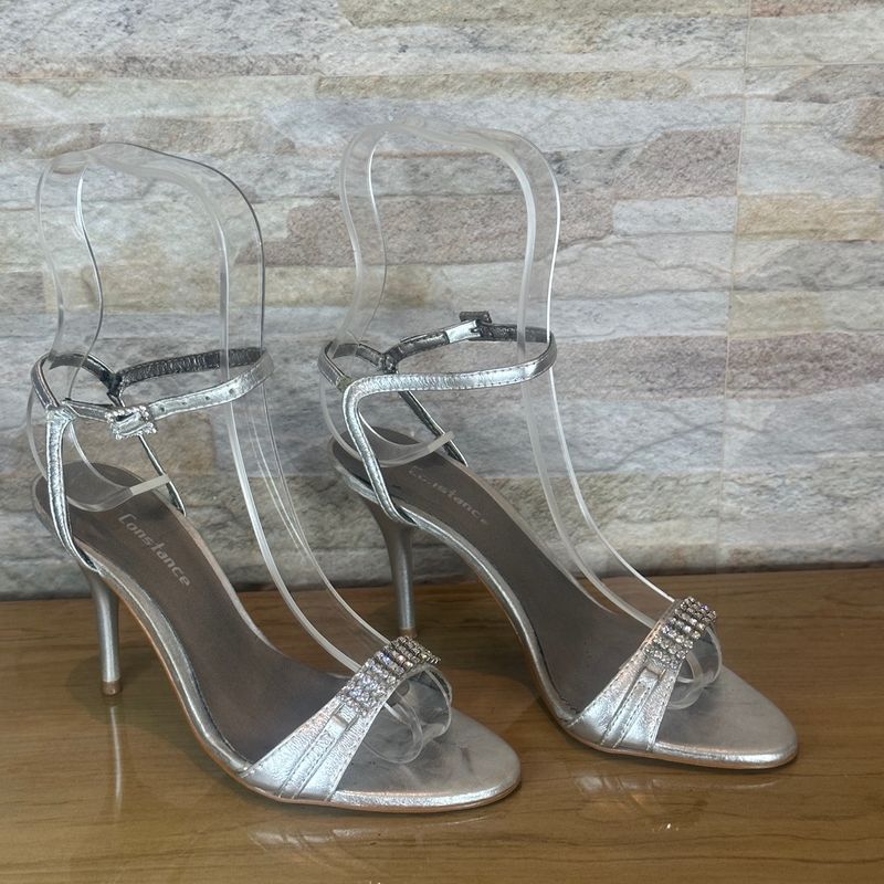 Sandália de Couro Prata com Strass Salto Alto Seminova Festa