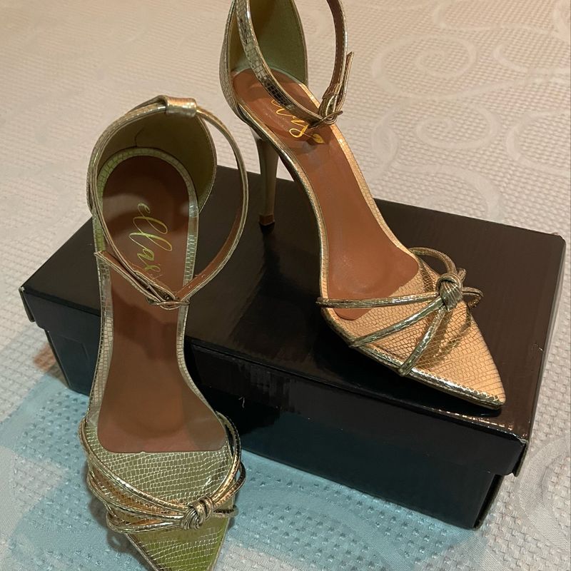 Sandália Dourada Salto Médio Bico Folha Sandália Feminina Ellas