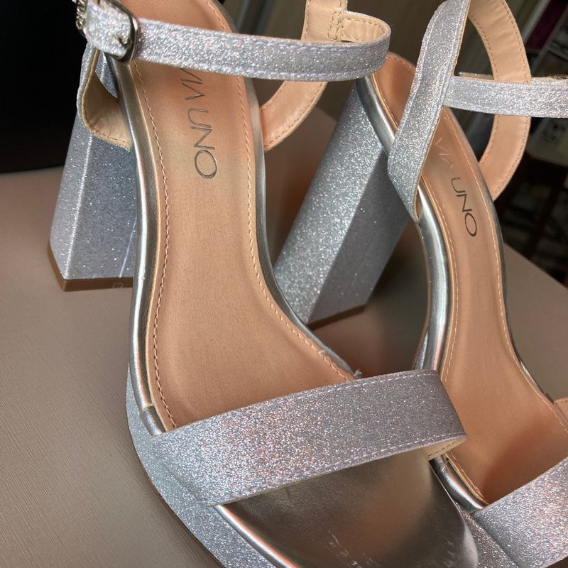 Sandália Meia Pata Feminina Salto Grosso Brilho Via Uno 93448