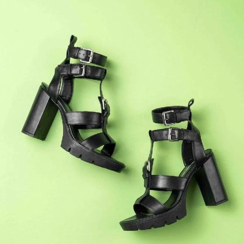 Sandalia Preta Salto Alto Meia Pata Tratorada Fecho Tornozelo Meu