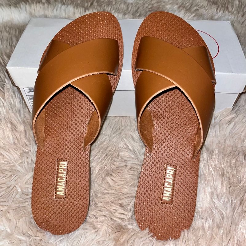 Sandália Rasteira Ana Capri Couro/Marrom N37 Rasteira Feminina