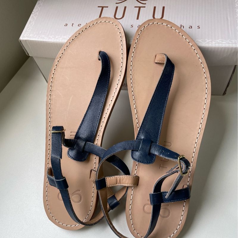 Sandália Rasteira de Couro Azul Marinho Tutu Sapatilhas Sandália
