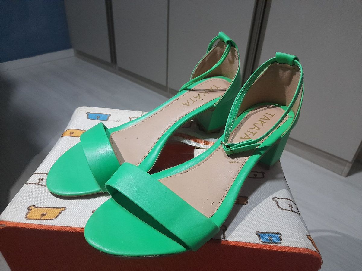 Sandália Tira, Salto Quadrado, Salto Baixo, Verde, Tamanho 37