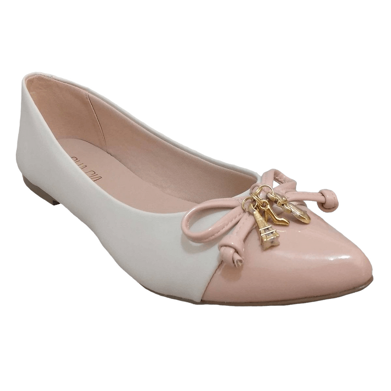 Sapatilha Feminina Sua Cia Bico Fino Bicolor Off White Verniz Rosa Salto  Baixo Macia Confortável Pingente Dourado Sapato Torre Eiffel Gato |  Sapatilha