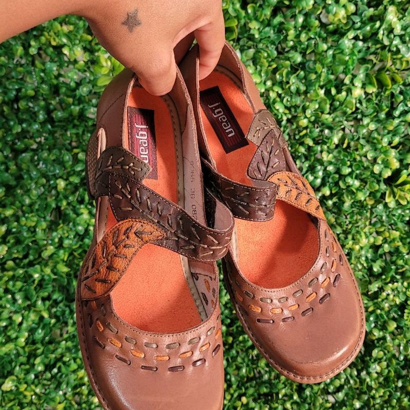 J Gean Sapatos De Couro Feminino Retro Sapato Flores Retrô Com