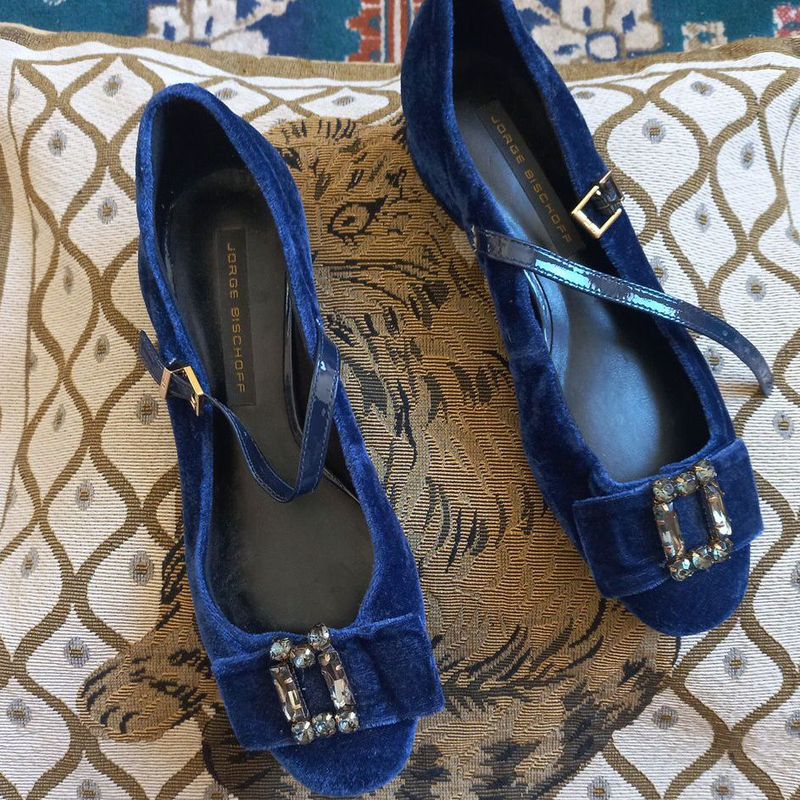 Sapato de Boneca Estilo Vintage Blue Velvet Sapato Feminino