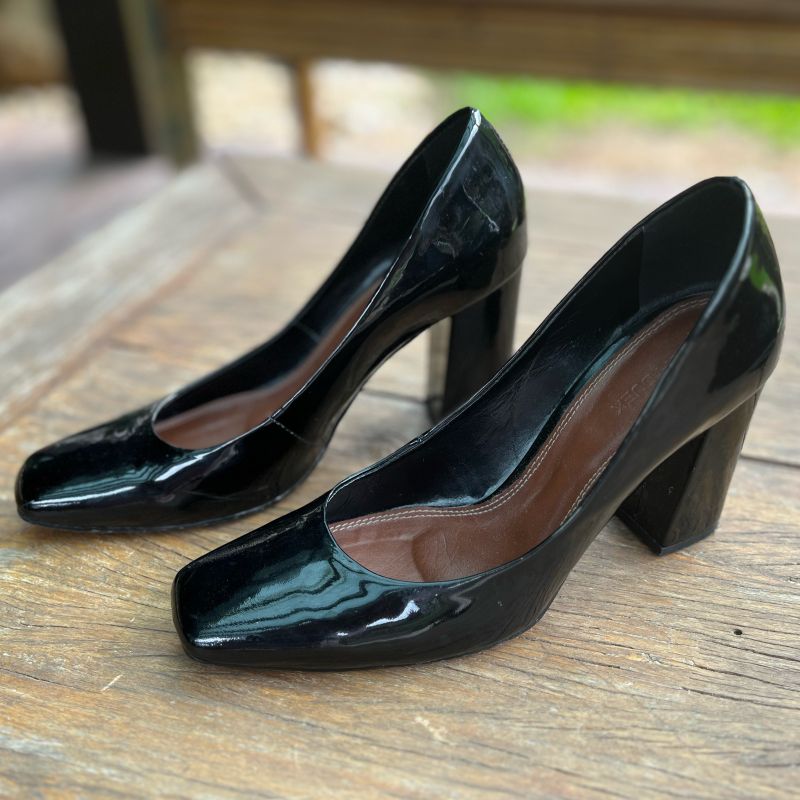 Sapato Feminino Salto Médio Bloco Verniz 36 Preto Bico Quadrado
