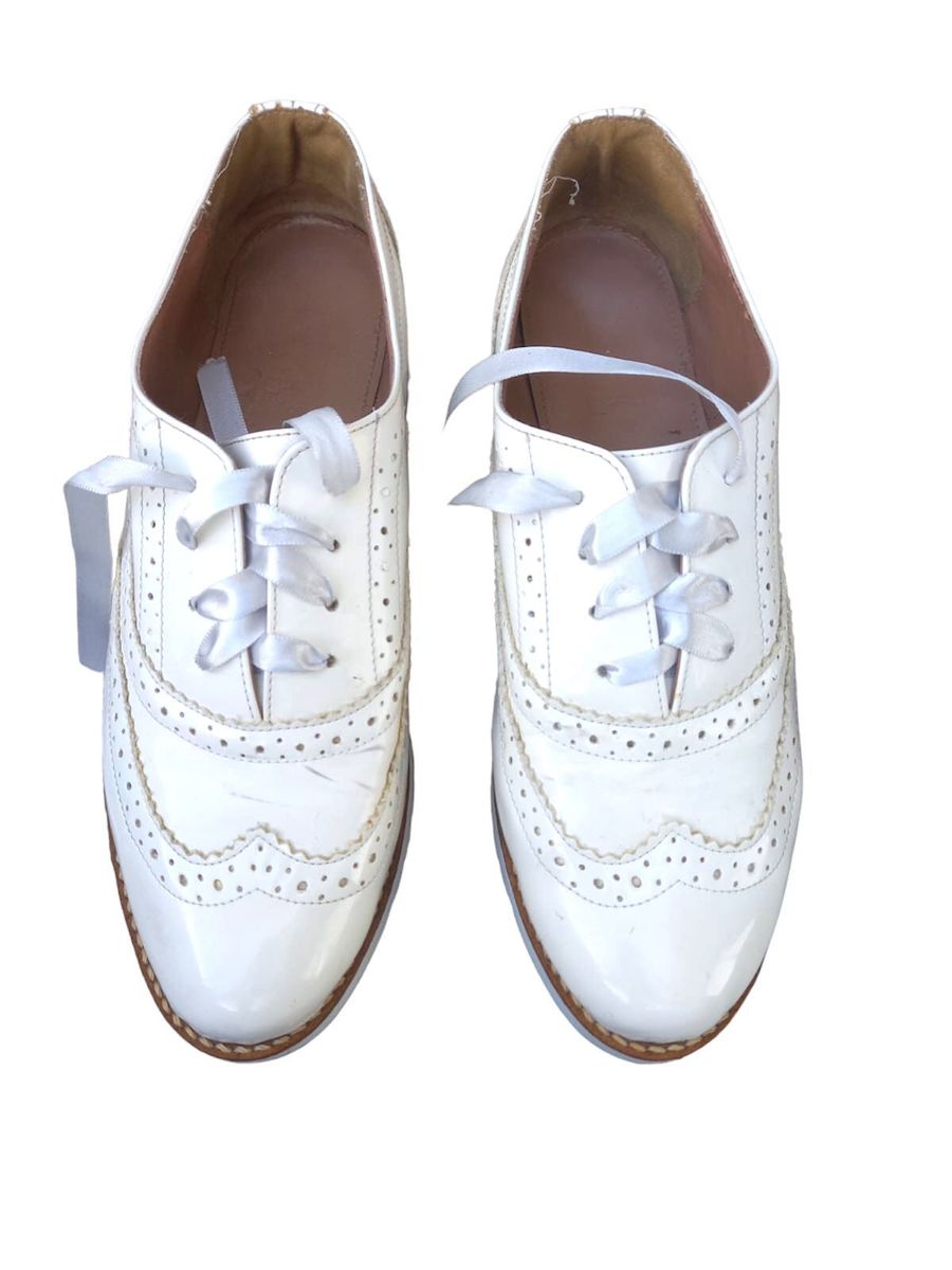 Sapato Oxford Feminino Couro Legítimo Branco Envernizado Tamanho