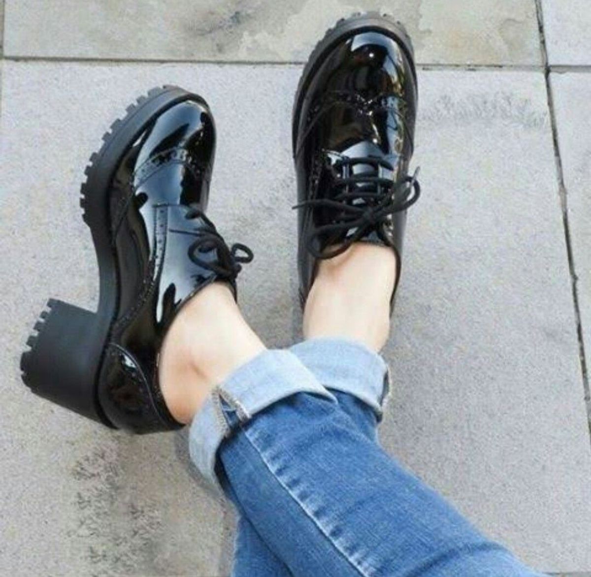sapato feminino oxford salto tratorado preto verniz