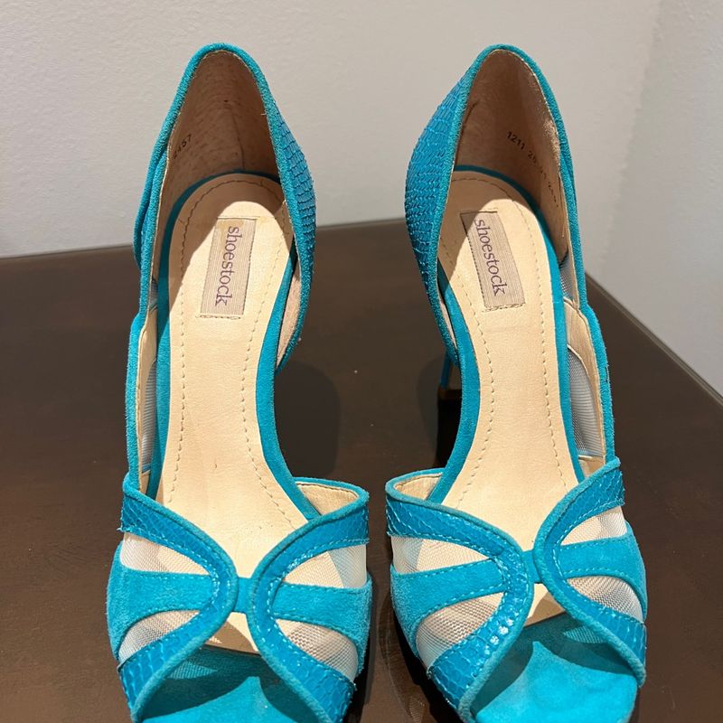 Sapato Peep Toe Salto Fino Azul Tiffany Shoestock Usado