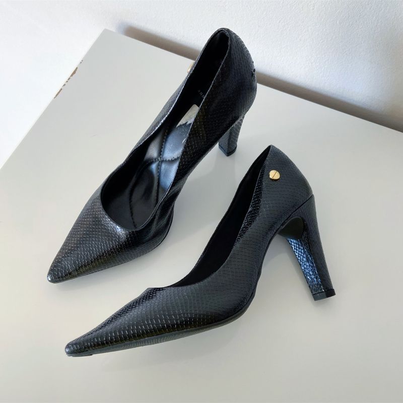 Sapato Scarpin Croco Preto Bico Fino Salto Fino Baixo M dio Alto