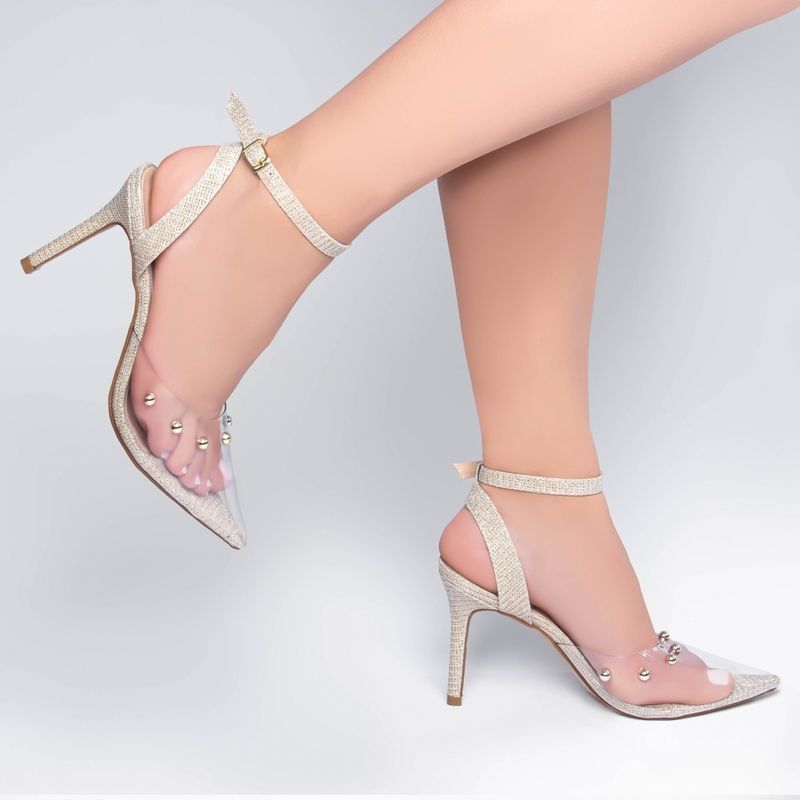Scarpin Feminino Glitter Dourado e Vinil Transparente Bico Fino