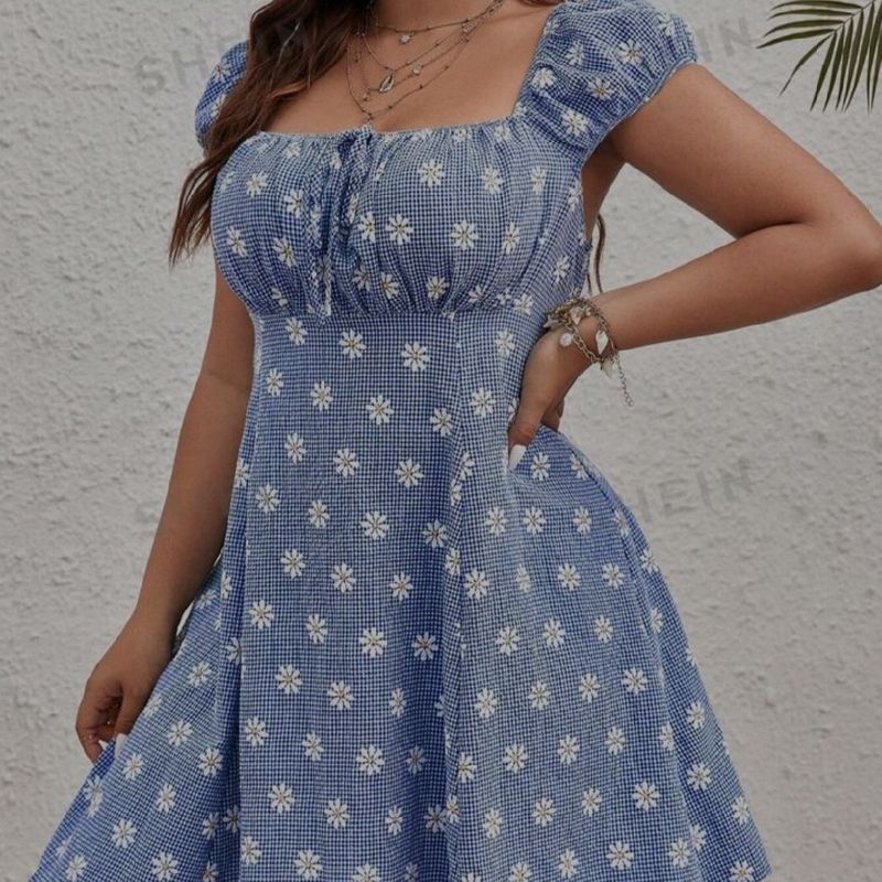 Shein Vestido Coquette Camponesa Azul Tamanho 1xl Shein Usado