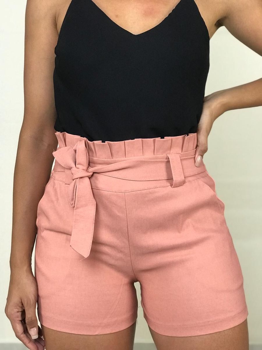 short feminino curto cintura alta em bengaline