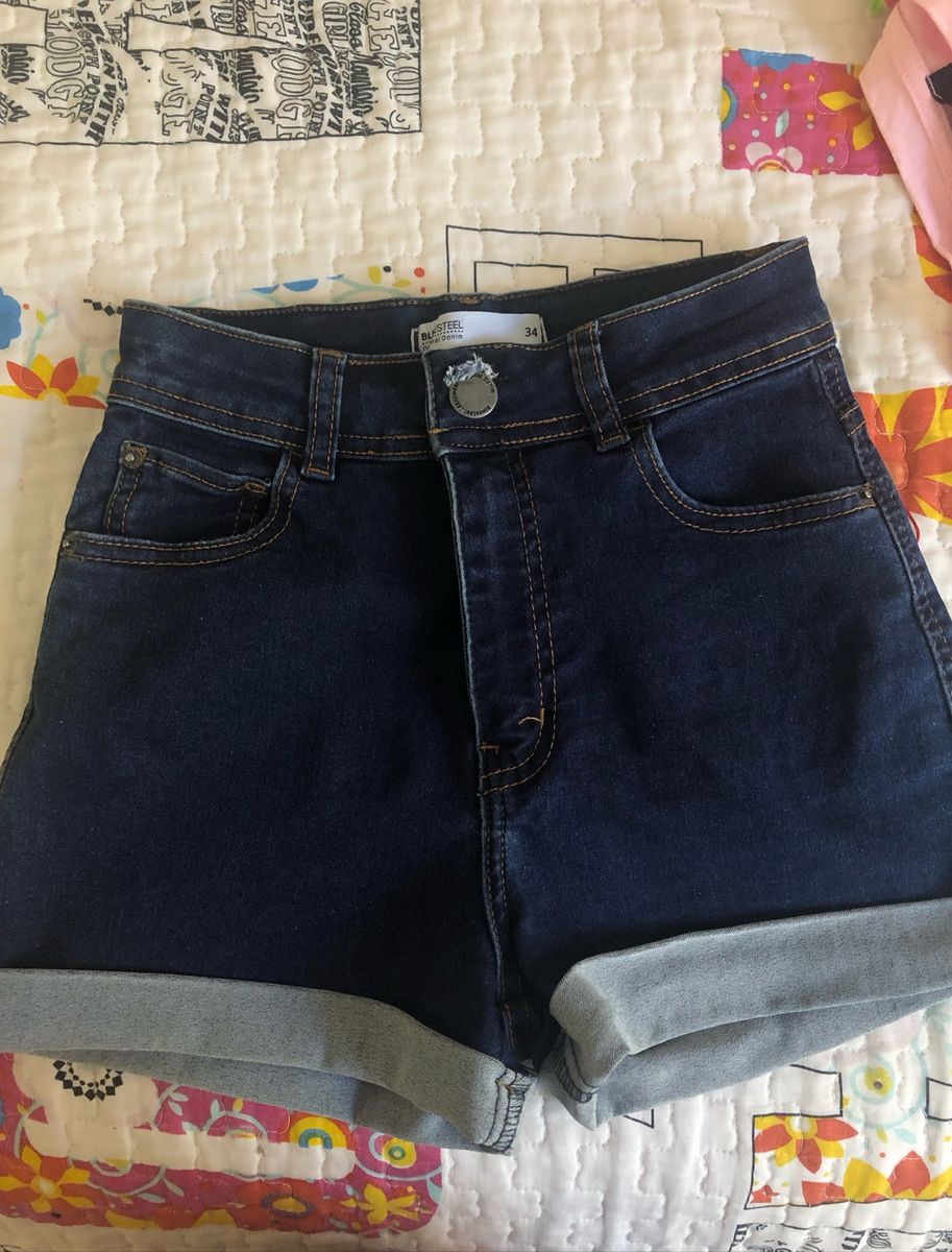 short jeans cintura alta azul escuro