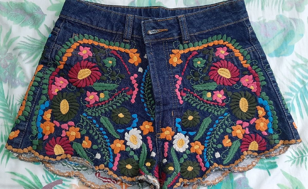 Farm Jeans Com Bordado Calça Feminina Jeans Bordado Peixe Paisley Azul