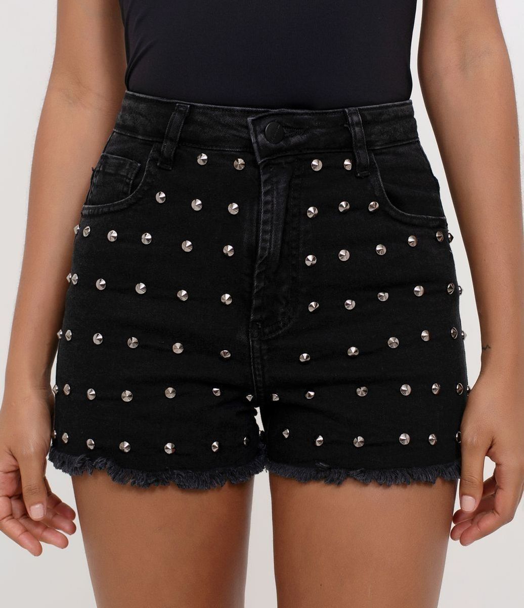 Short Jeans Cintura Alta com Tachas Shorts Feminino Renner Blue Steel