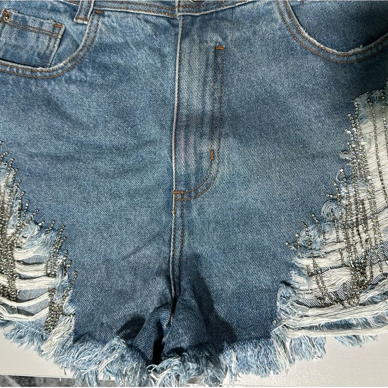 Short Jeans Curto Strass Barra Dobrada, Shorts Feminino Renner - Blue  Steel Usado 84188523