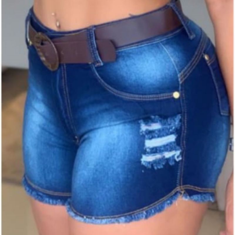 Short Jeans Feminino Justo Com Lycre Cintura Alta Levanta Empina
