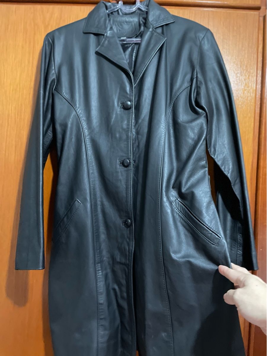 Sobretudo Longo Feminino 100% Couro Legítimo Preto Agui Nunca - Main Image