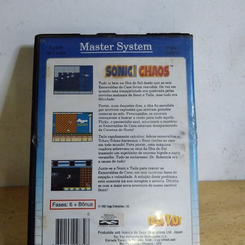 Cartucho Master System Sonic Chaos Tec Toy Completo