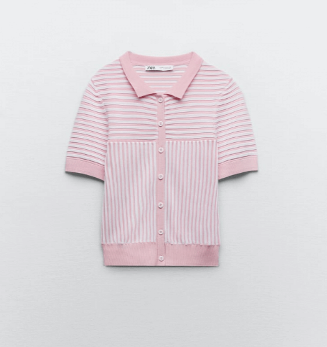 Suéter Tipo Polo de Tricô com Nervuras Listrado Rosa / Branco Zara