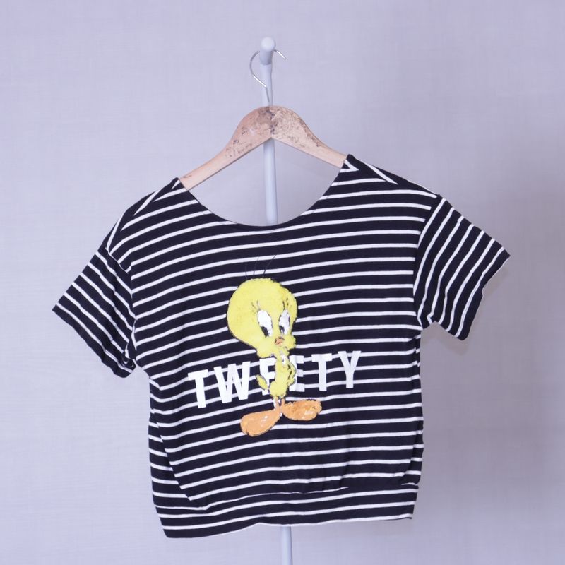 T-Shirt Preta Listrada Zara Looney Tunes