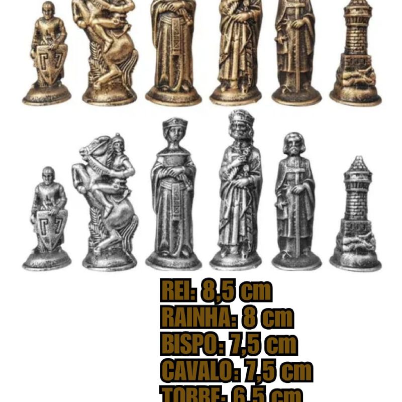 Jogo De Xadrez Medieval Resina + Tabuleiro Caixa Mdf
