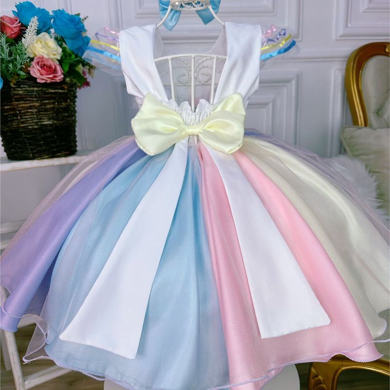 Tam Vestido Colorido Unicórnio Vestido de Festa Infantil Jeito