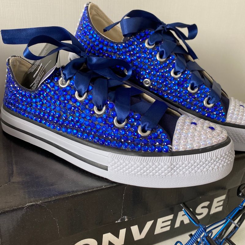 Tênis All Star Cano Baixo Lona Azul Marinho Costumizado Tênis