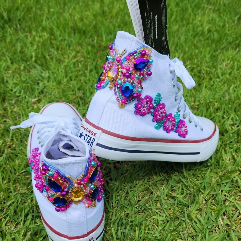 ALL STAR PRETO CANO BAIXO BORDADO EM LINHA FLORES ROSA