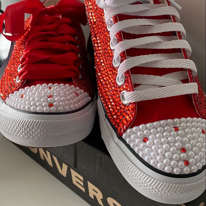 Tênis All Star Vermelho Lona Cano Baixo Costumizado Tênis