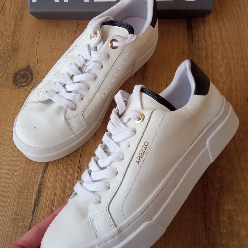 Tênis Arezzo Original Branco Couro Bico Redondo Preto 38 J Tênis