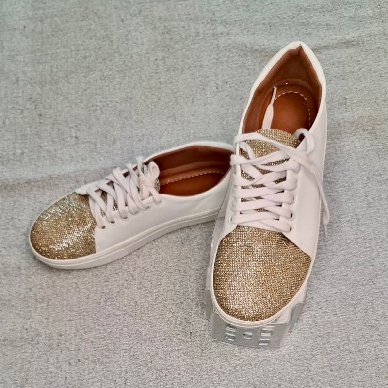 Tênis Branco Glitter Dourado Tênis Feminino Nunca Usado 93738691
