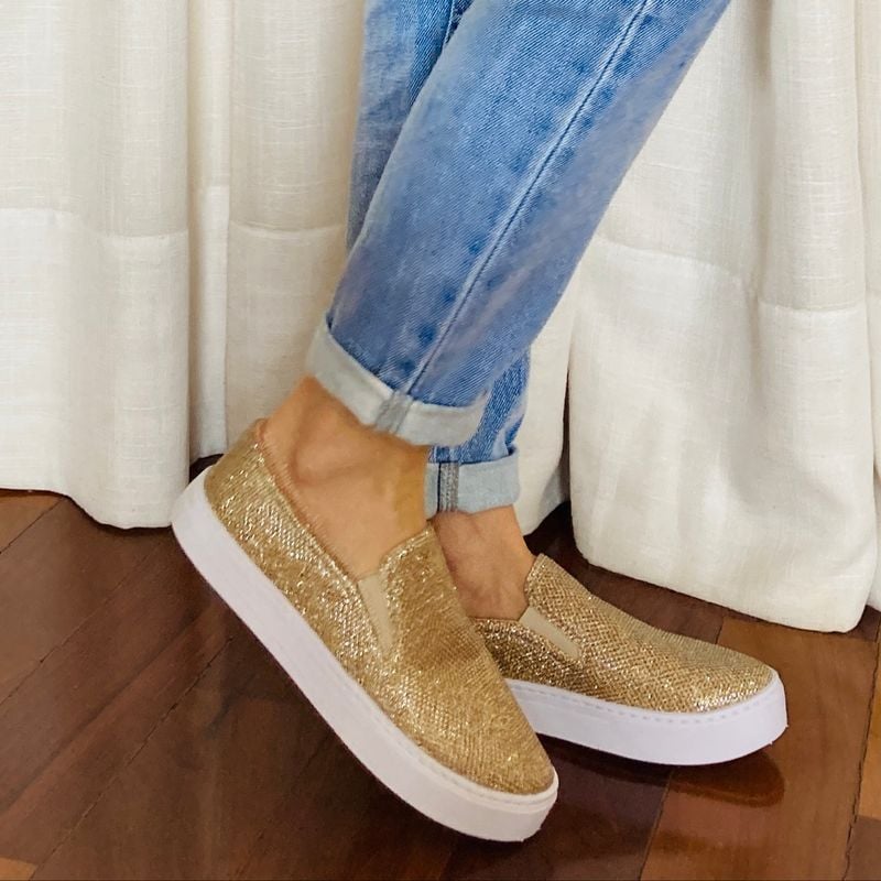 Tênis Feminino Slip On sem Cadarço Dourado Brilho Menina De